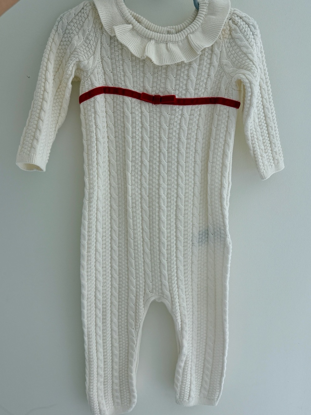 Janie and Jack Cream Cable-Knit One-Piece with Red Ribbon Trim